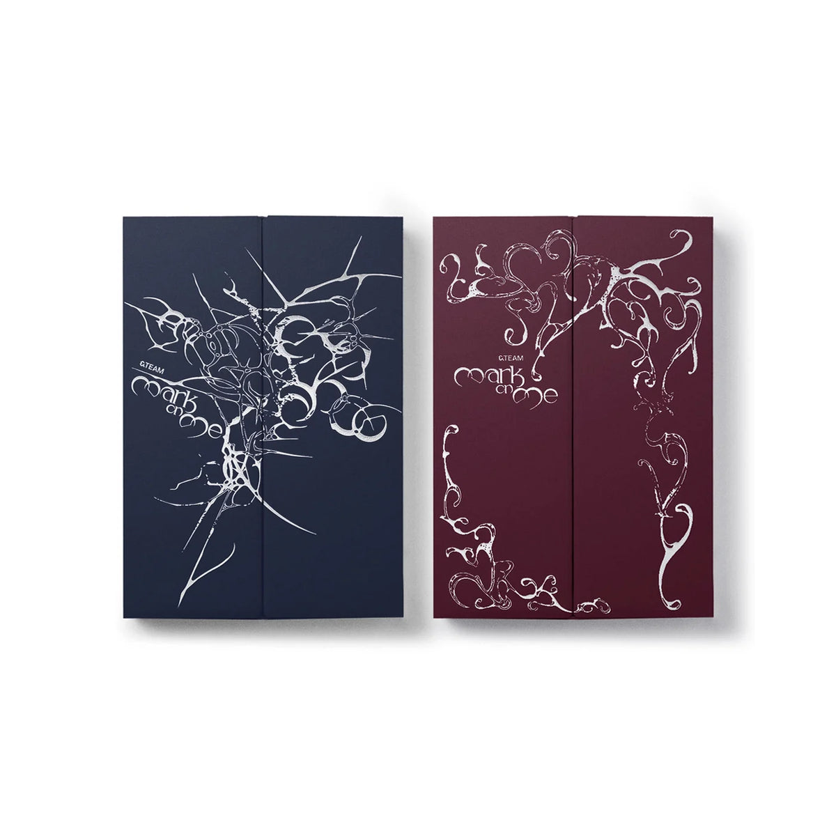 Two rectangular folding album covers shown side by side on a white background for &TEAM's KR 2nd mini album. The left one is dark navy blue with white abstract line art  and the one on the right is maroon with the phrase 'Mark On Me' visible.