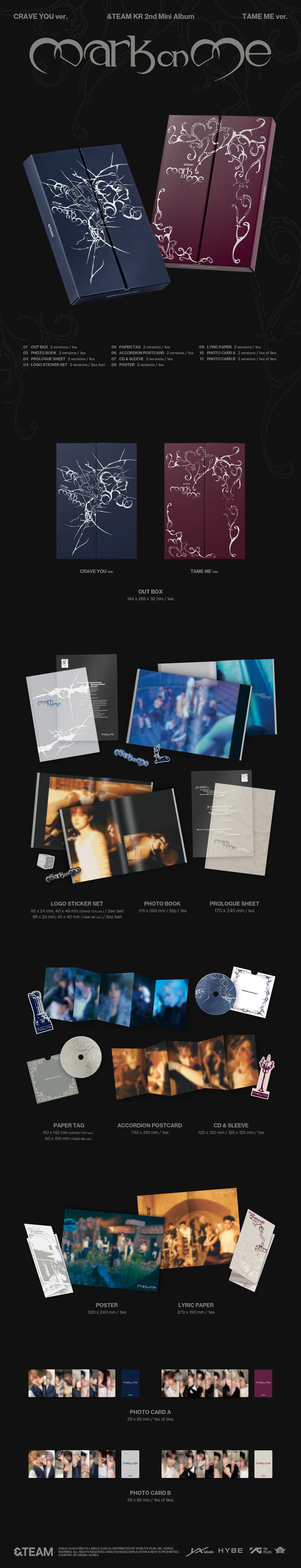 A promotional collage for the K-pop group &TEAM's KR 2nd mini album, showcasing album inclusions. The layout features multiple panels displaying the album's physical components, including a photobook, prologue sheet, logo sticker, accordion postcard, poster, CD, lyric paper, and photocards