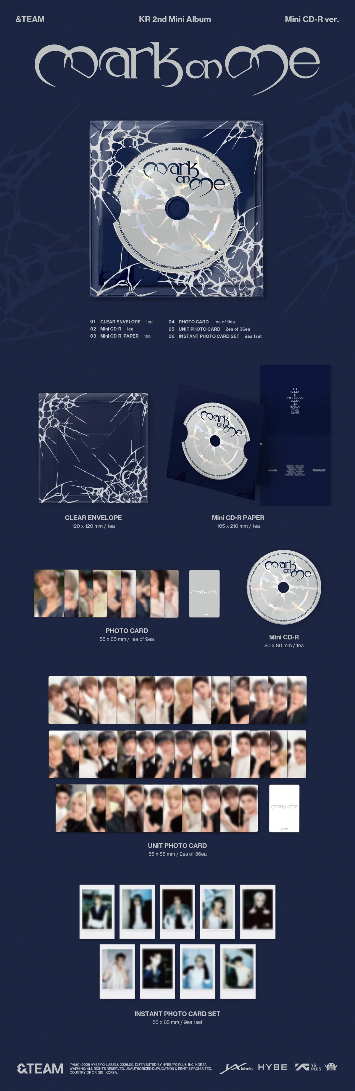 A dark navy blue album package layout for &TEAM's 'Mark on Me' KR 2nd Mini Album showing the CD, jewel case, posters, various photocards and instant photo set arranged vertically.