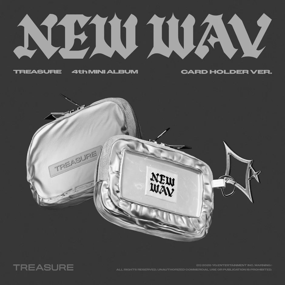 TREASURE's 4th mini card holder album version packaging with 'NEW WAV' branding on a black background