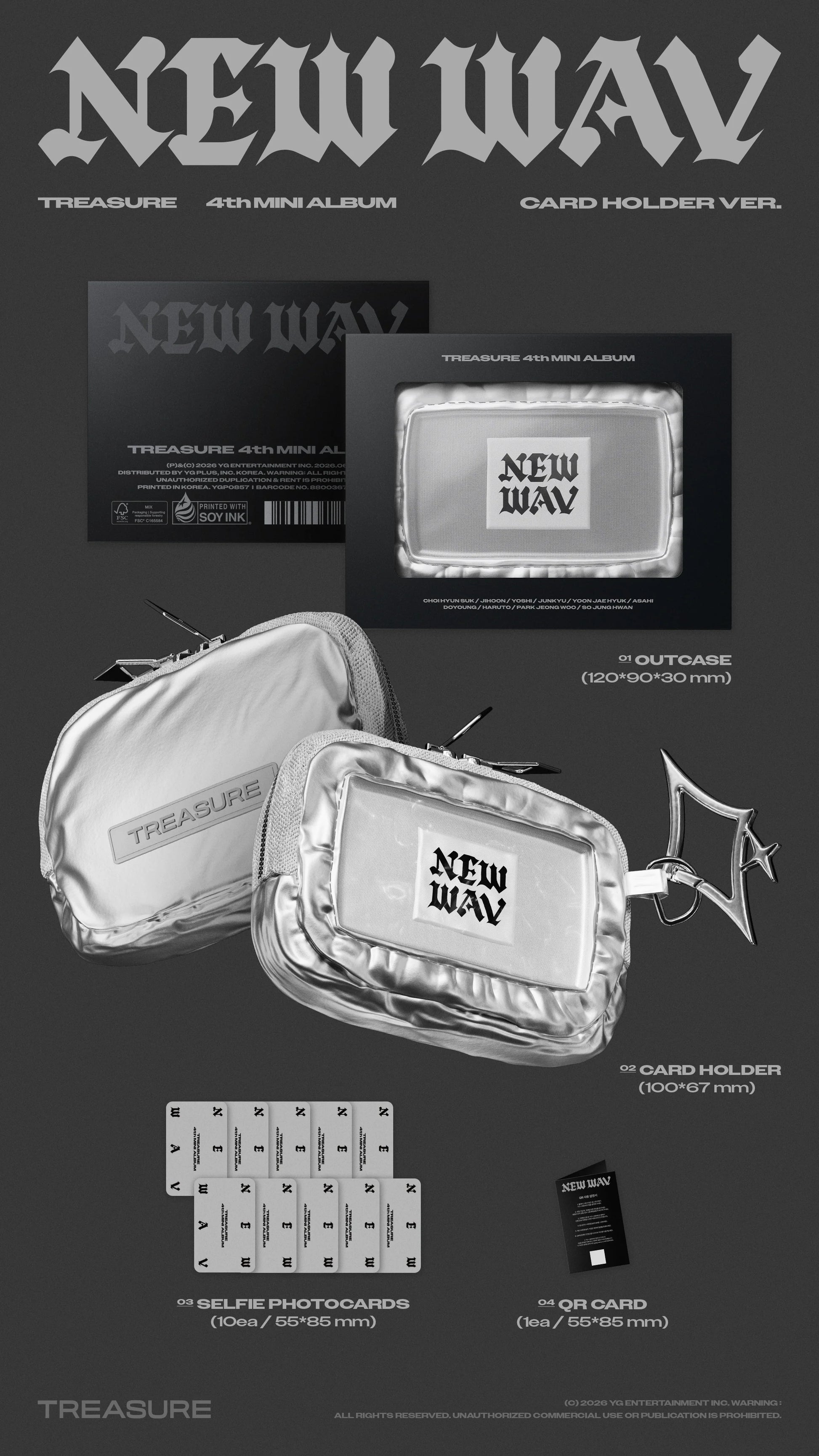 TREASURE's 4th mini album inclusions with a 'NEW WAY' card holder set with selfie photocards shown against a black background.