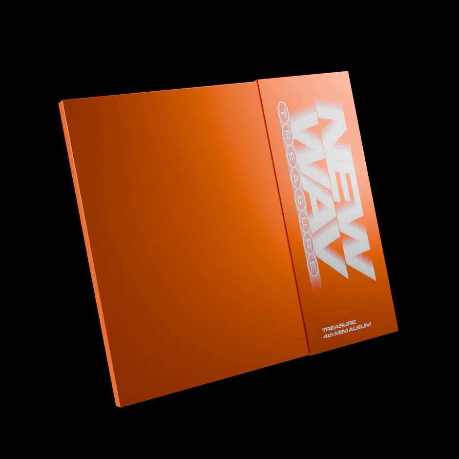 TREASURE's 4th mini album orange-coloured packaging on a black background
