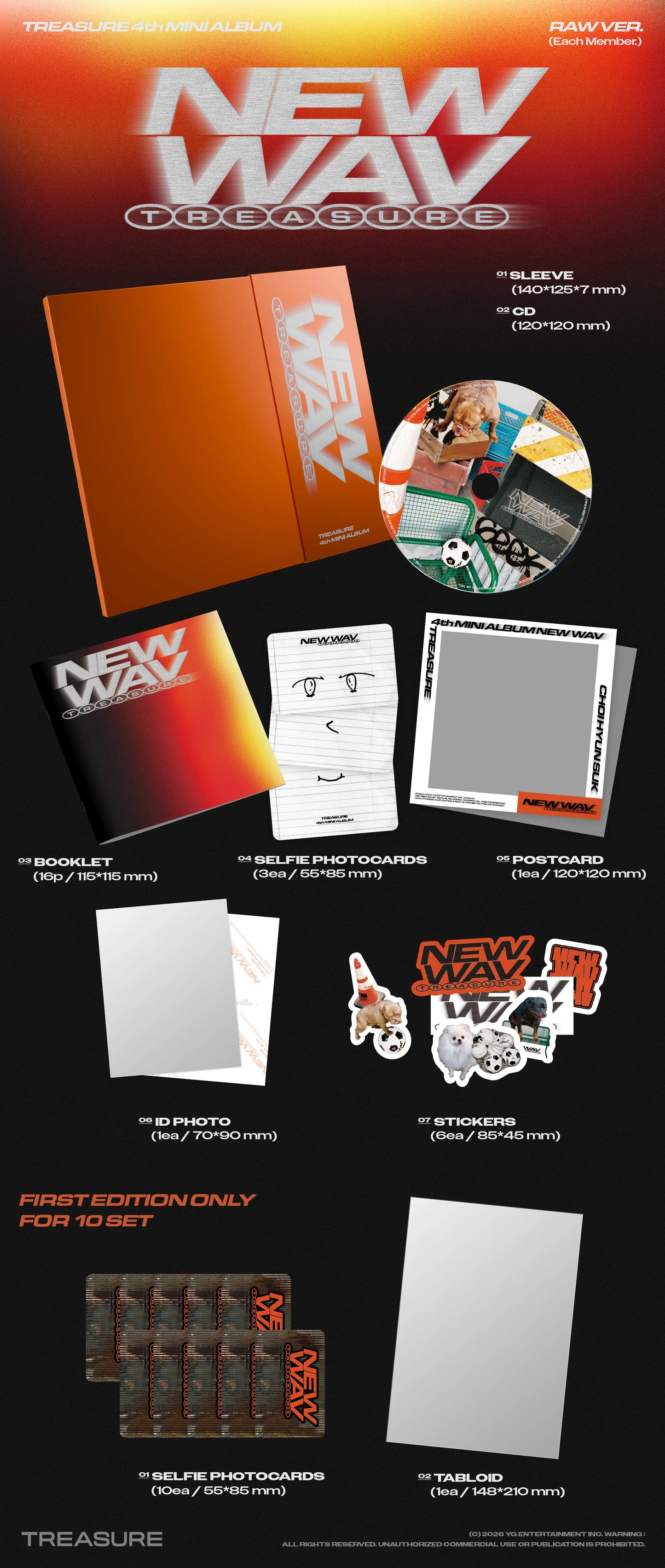 TREASURE's 4th mini album inclusions on a orange-black background
