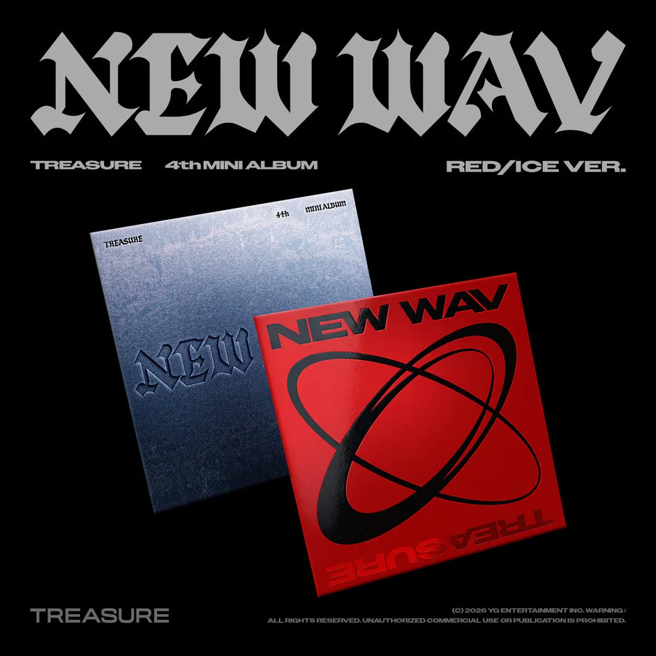TREASURE's album packaging with blue and red coloured covers with a "New Wav" text branding on a black background
