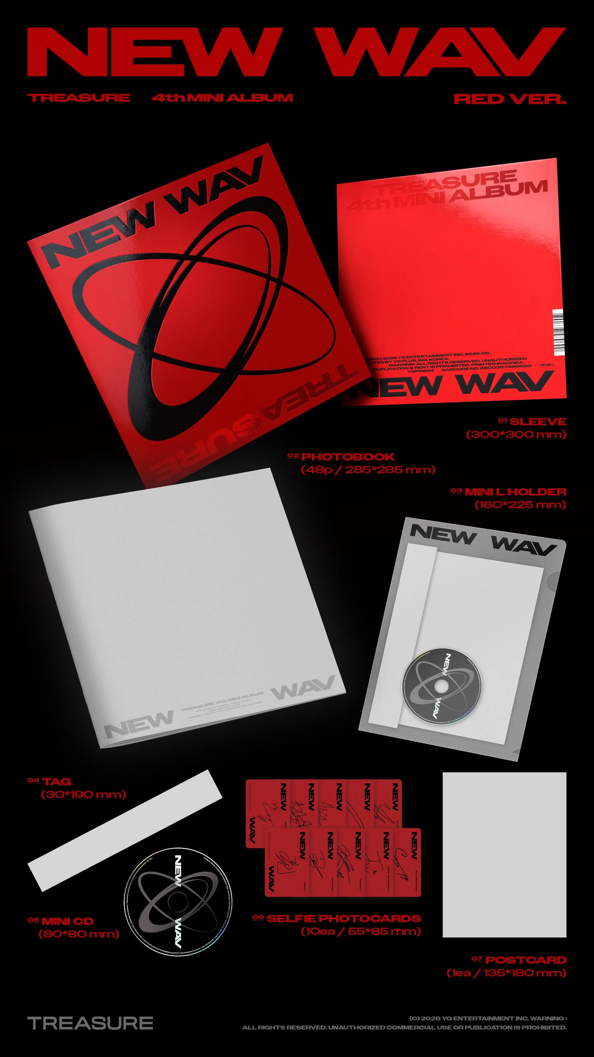 TREASURE's album inclusions - photobook, mini-L holder, tag, selfie photocards, postcard, CD - with the red coloured cover with a "New Wav" text branding on a black background
