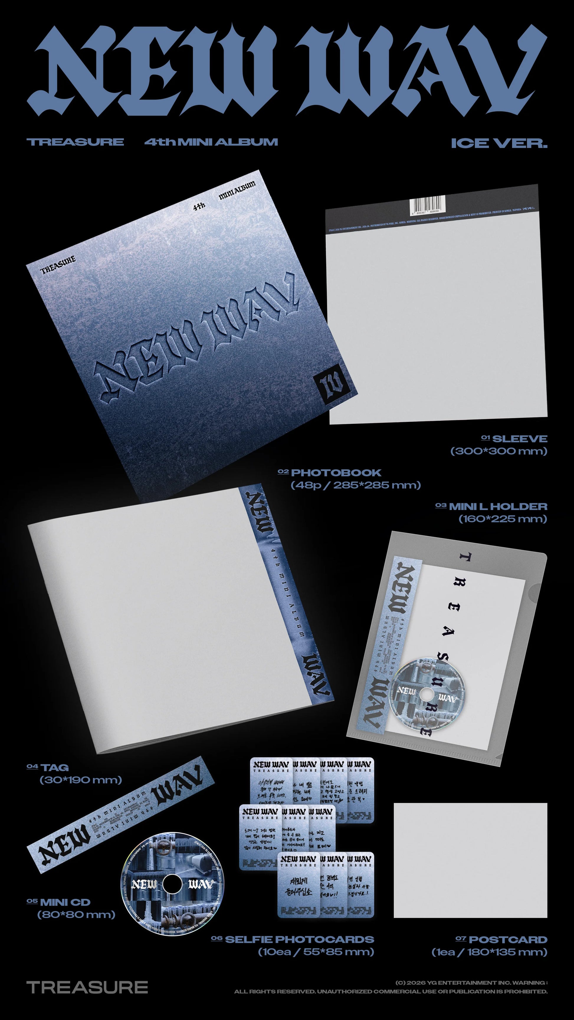 TREASURE's album inclusions - photobook, mini-L holder, tag, selfie photocards, postcard, CD - with the blue coloured cover with a "New Wav" text branding on a black background