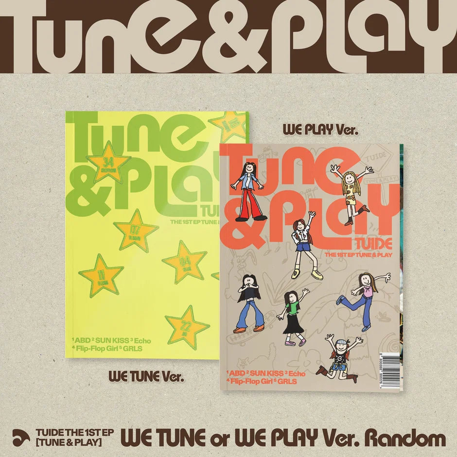 Promotional graphic for TUIDE's album release showing two versions of the Tune & Play EP cover: the yellow 'We Tune' version on the left and the beige 'We Play Ver' on the right