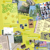 A collage-style product layout for the 'Tune & Play' 1st EP (Tune & Play We Tune Ver.) by TUIDE, featuring various inclusions such as a photobook, membership card, CD, postcard, stickers and photocards arranged on a bright yellow-green background