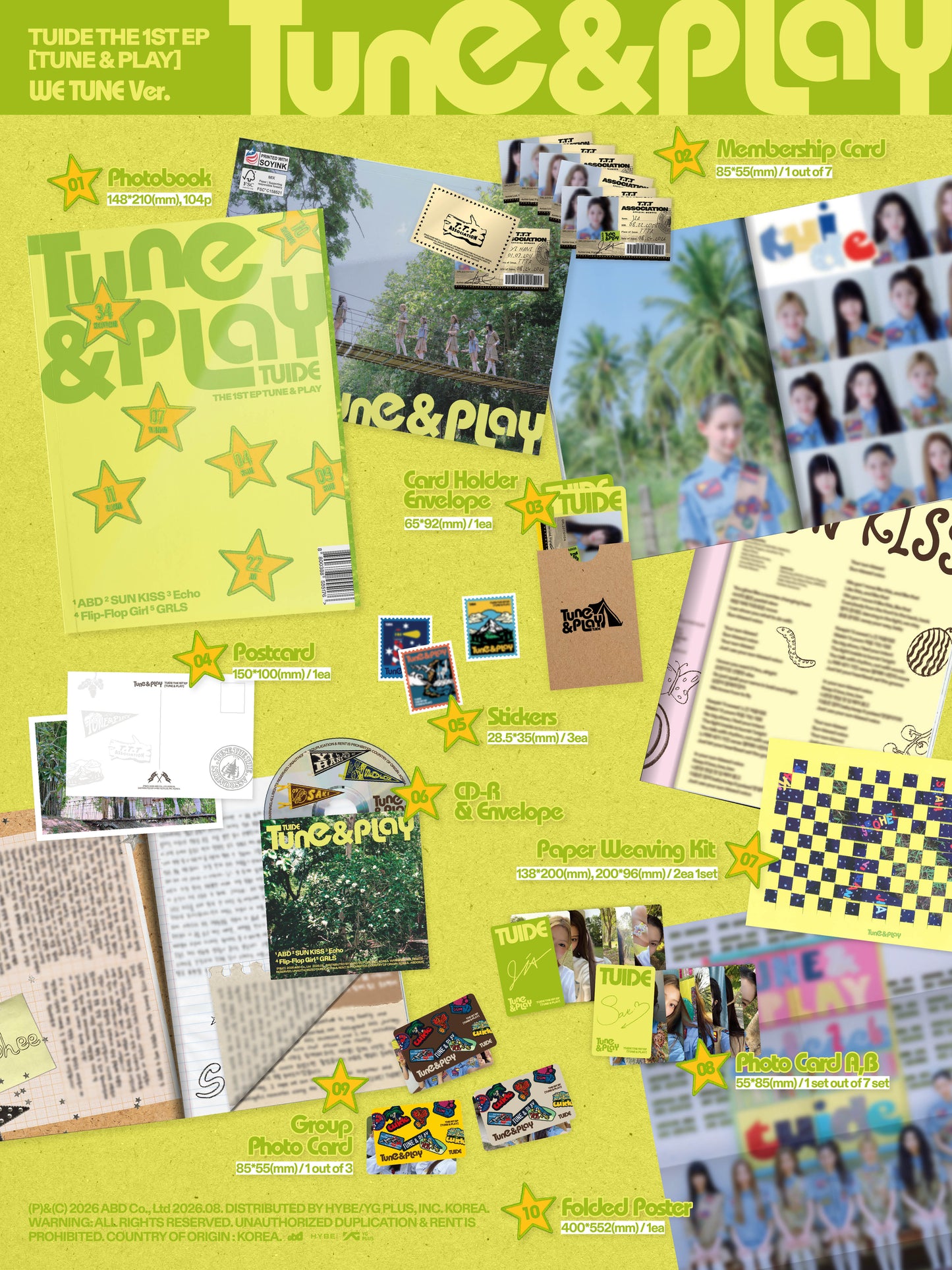 A collage-style product layout for the 'Tune & Play' 1st EP (Tune & Play We Tune Ver.) by TUIDE, featuring various inclusions such as a photobook, membership card, CD, postcard, stickers and photocards arranged on a bright yellow-green background