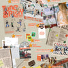 A flat collage-style product layout for a TUIDE's 1st EP album titled 'Tune & Play,' showing a photobook, membership card, CD, postcard, stickers and photocards arranged on a beige background with orange text and star icons.