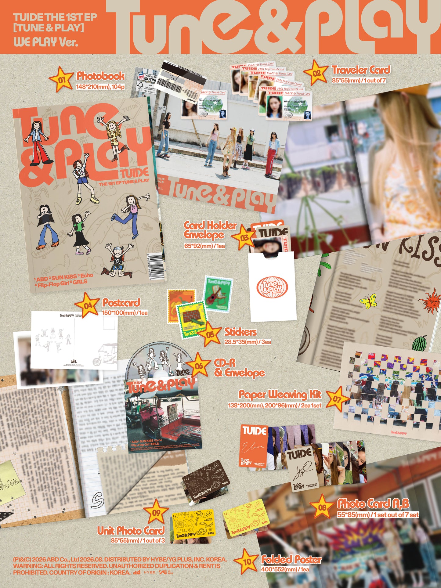 A flat collage-style product layout for a TUIDE's 1st EP album titled 'Tune & Play,' showing a photobook, membership card, CD, postcard, stickers and photocards arranged on a beige background with orange text and star icons.