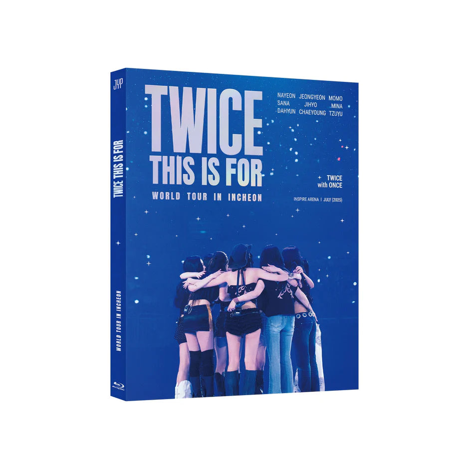 Bluray box set for TWICE's world tour 'This Is For' on a blue background