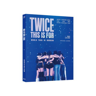 Bluray box set for TWICE's world tour 'This Is For' on a blue background