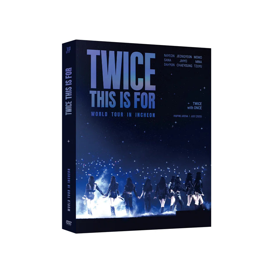 DVD box set for 'TWICE This is For' World Tour in Incheon with silhouette of group members on a dark background