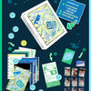 Promotional image of a TWS tour merchandise set inclusions with various items such as a photobook, disk binder manual and photocard set on a dark blue background.