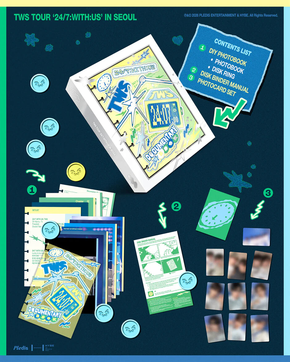 Promotional image of a TWS tour merchandise set inclusions with various items such as a photobook, disk binder manual and photocard set on a dark blue background.