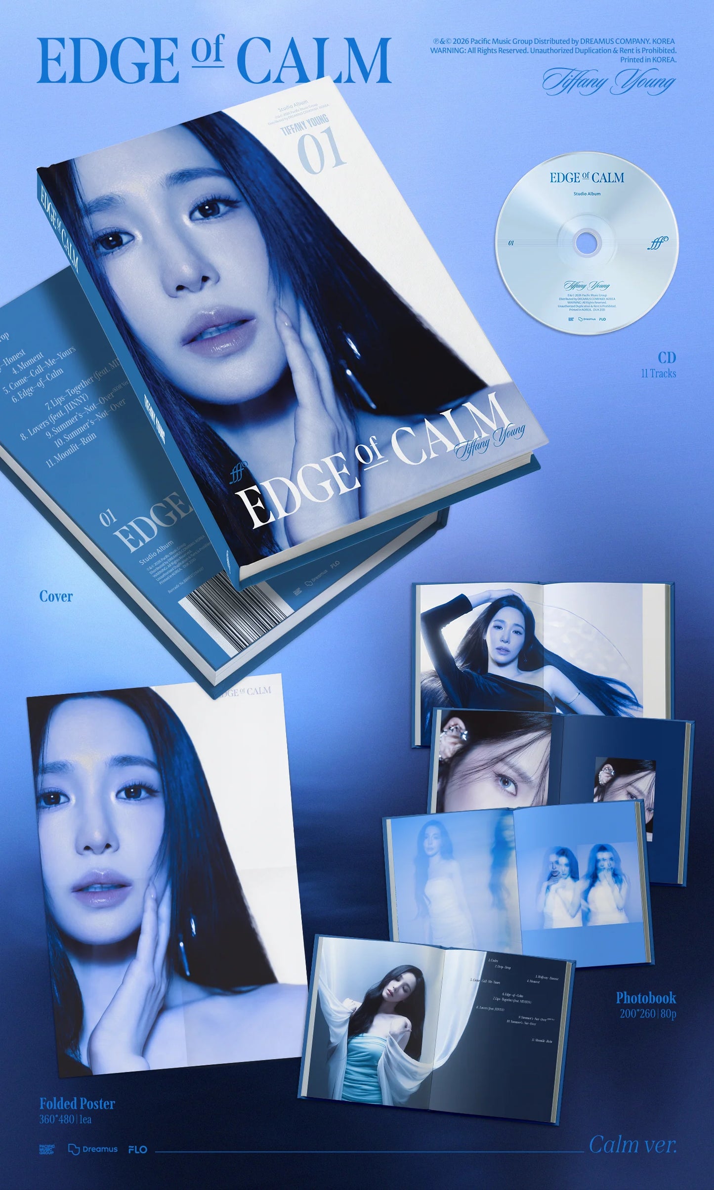 K-pop CD album package for Tiffany Young's 'EDGE of CALM' in a blue-toned flat lay layout. The image shows a CD, a photo book, and a folded poster on a blue gradient background.