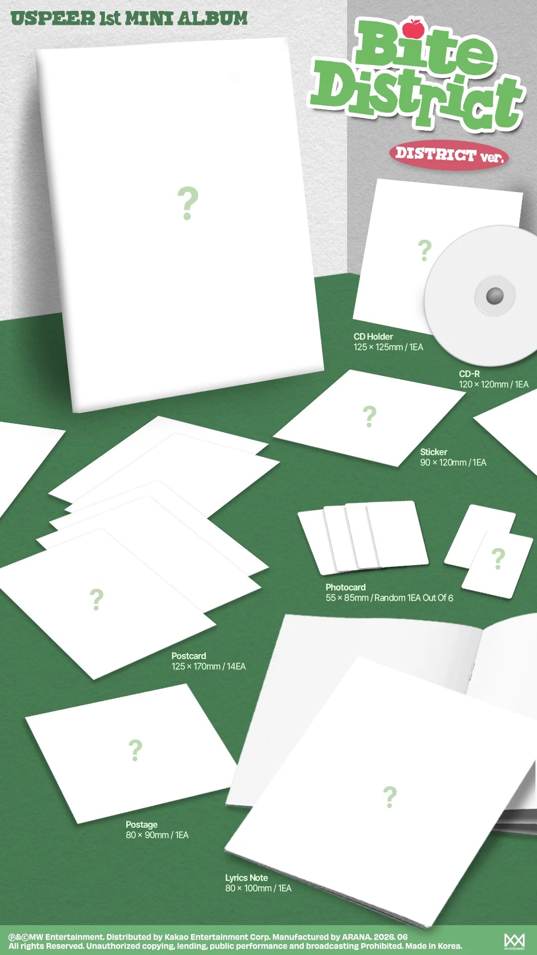Inclusions of a USPEER's 1st mini album with a 'Bite District' text, white cards and a CD on a green background.