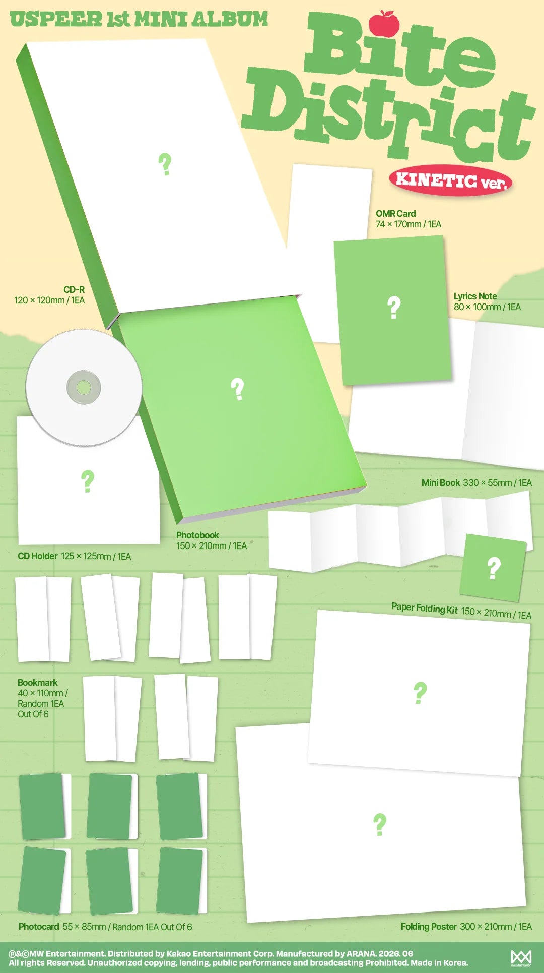 Inclusions for USPEER's mini album with green sections and question marks, featuring the title 'Bite District KINETIC ver.'