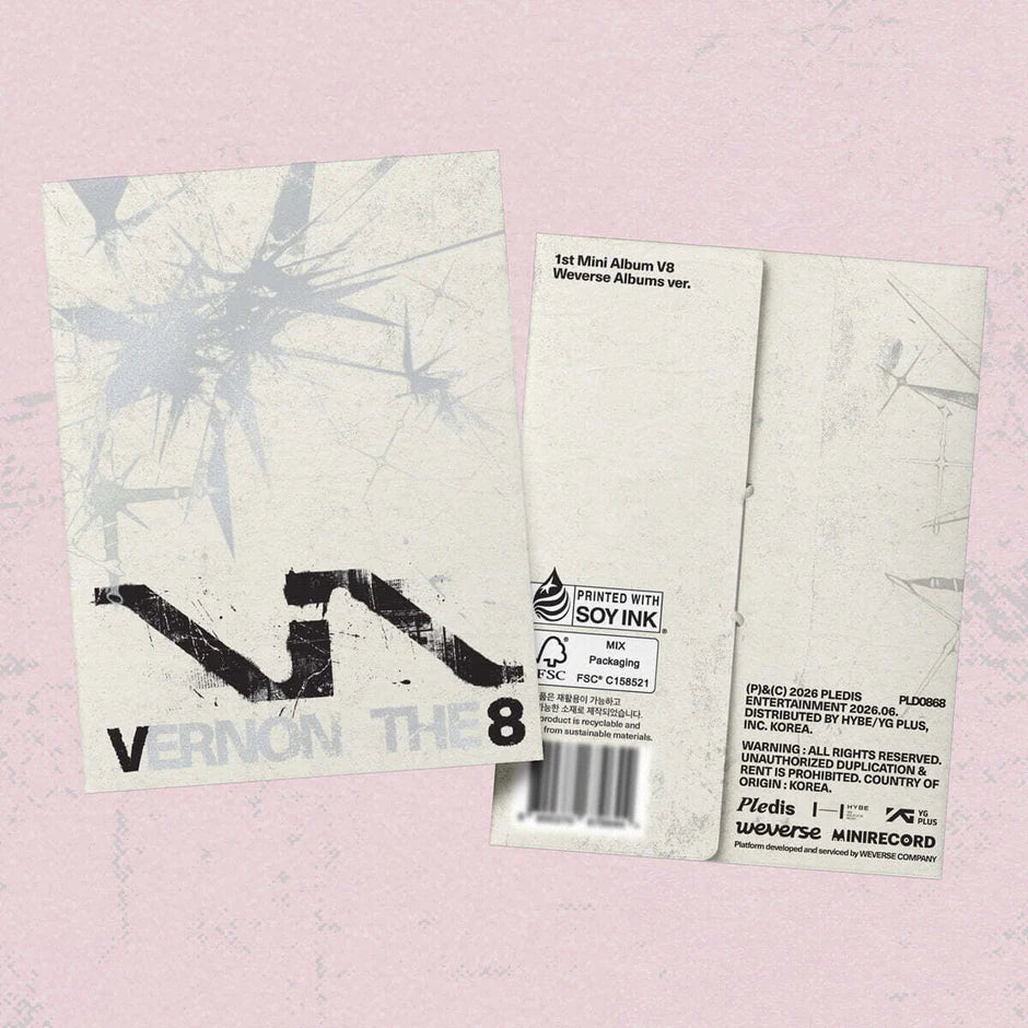 SEVENTEEN's V8 weverse album cover with text and design on a pink background