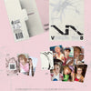 SEVENTEEN's V8 album packaging with multiple photocards on a pink background