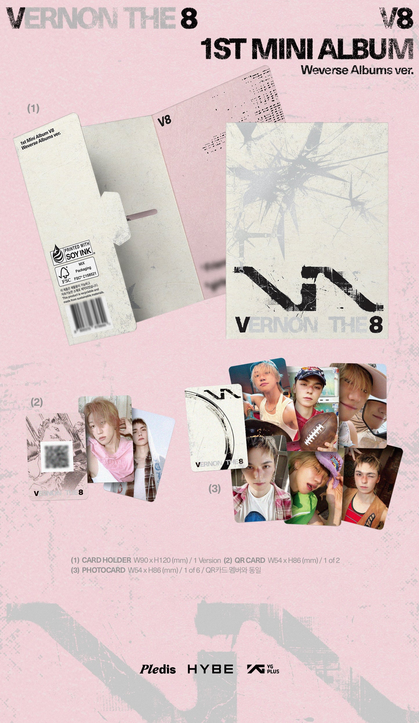 SEVENTEEN's V8 album packaging with multiple photocards on a pink background