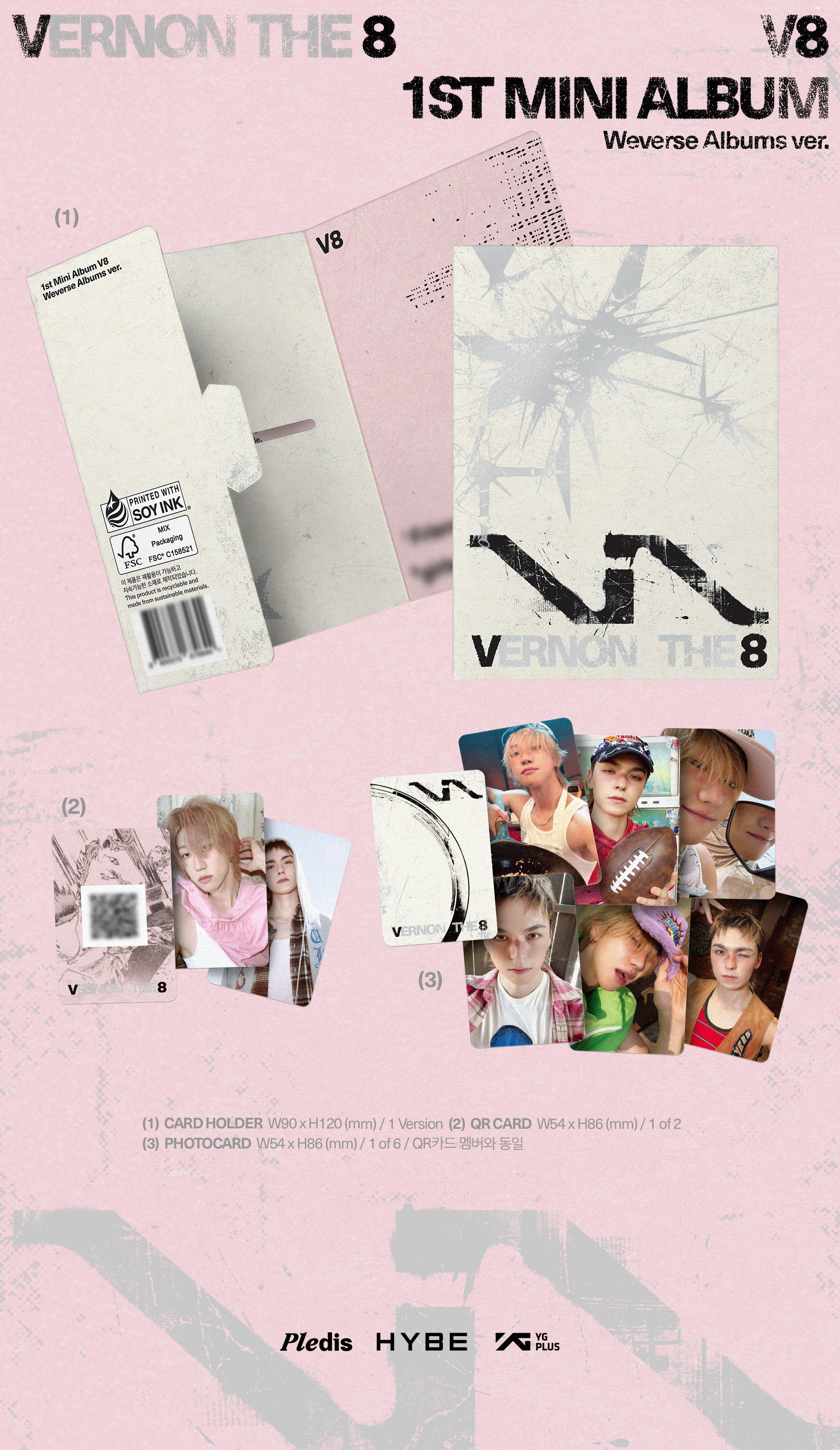 SEVENTEEN's V8 album packaging with multiple photocards on a pink background