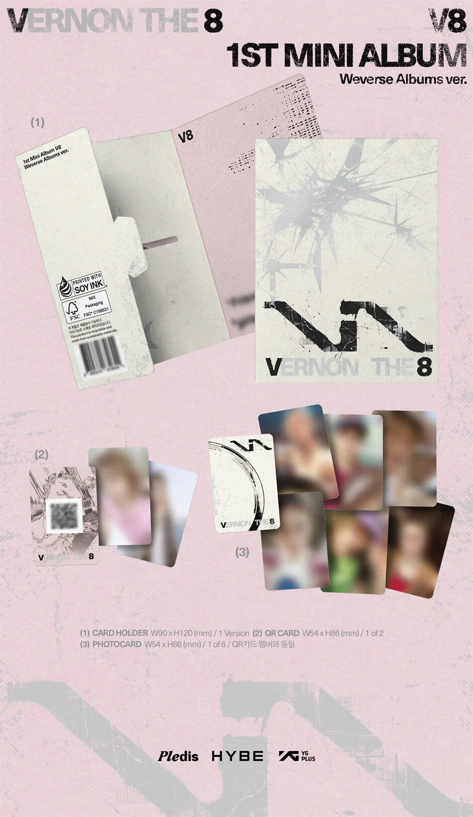 SEVENTEEN's V8 album packaging with multiple photocards on a pink background