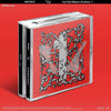 WOODZ's full album CD case with a red cover featuring intricate silver design on a red background