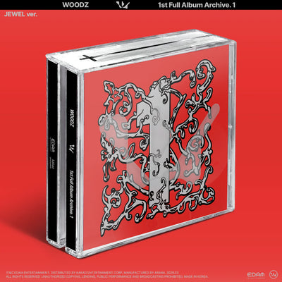 WOODZ's full album CD case with a red cover featuring intricate silver design on a red background