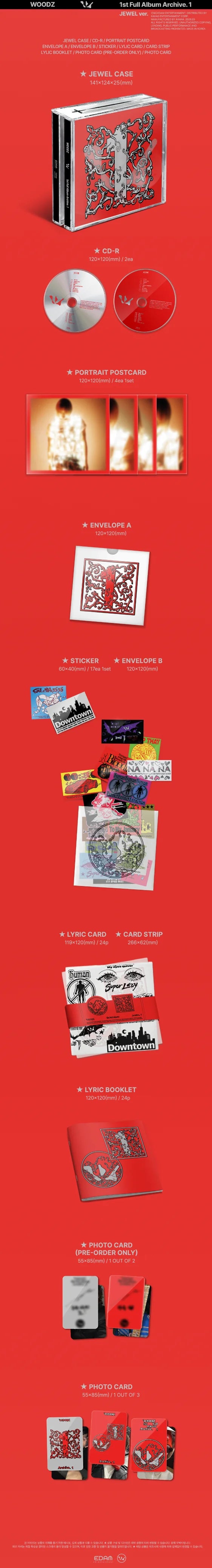Album inclusions of WOODZ's 1st full album on a red background