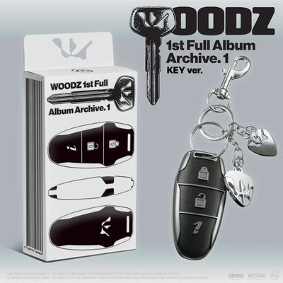 Key-shaped product with packaging and 'WOODZ' branding on a gray background