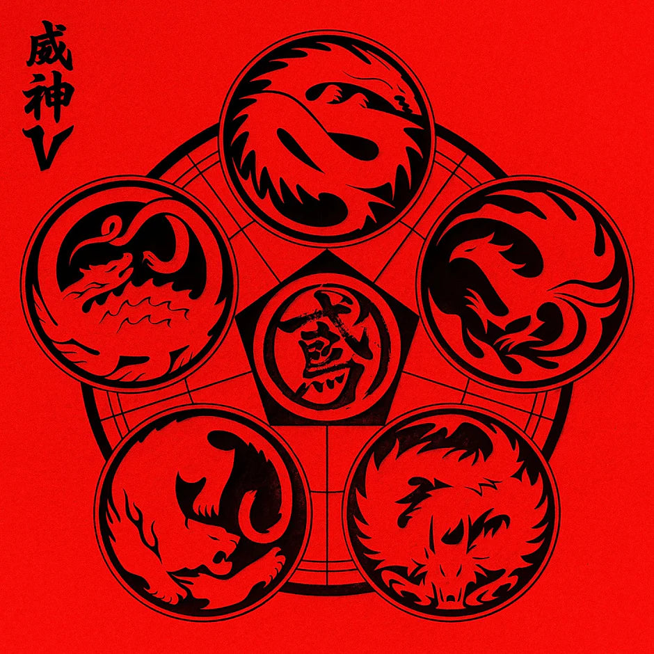 WayV's 8th mini album promotional cover with red and black graphic design featuring five circular dragon illustrations arranged around a central pentagram-like emblem with Chinese characters, on a solid red background.