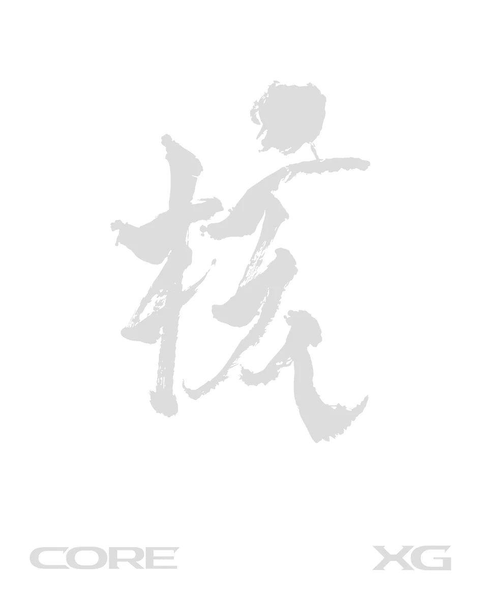 XG's 1st full album XG version packaging with a silhouette of a calligraphy character with text 'CORE XG' on a white background