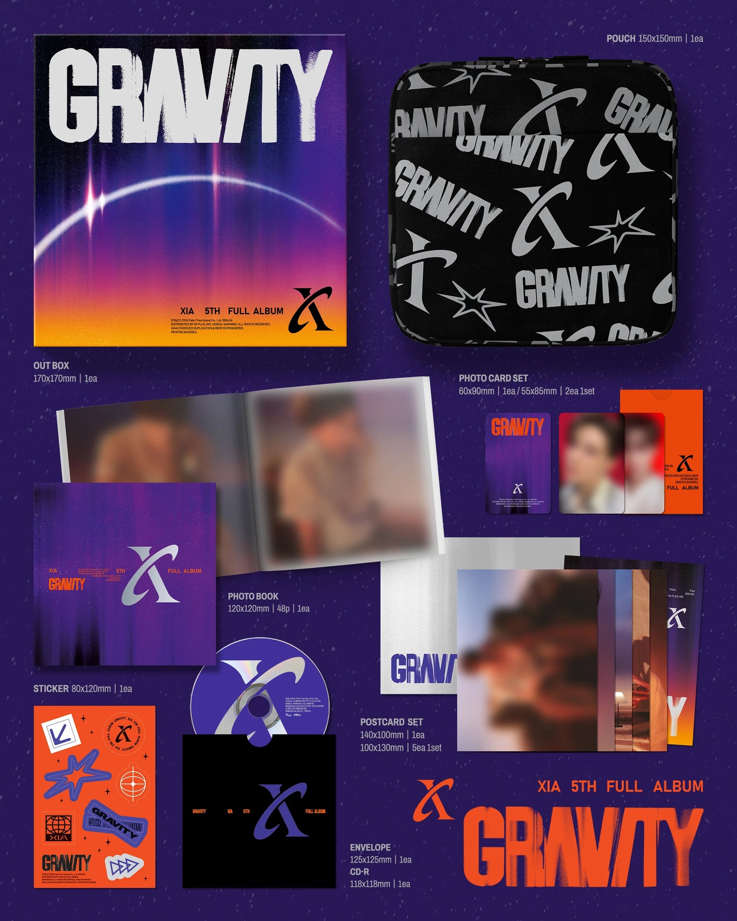 Collage of XIA's 'GRAVITY' album packaging with various items on a purple background