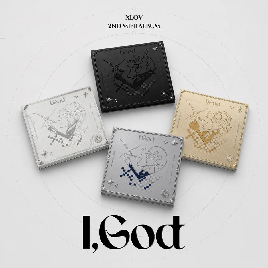 Four square album covers with artistic designs on a white background, featuring the title 'I, God' and the text 'XLov 2nd Mini Album'.