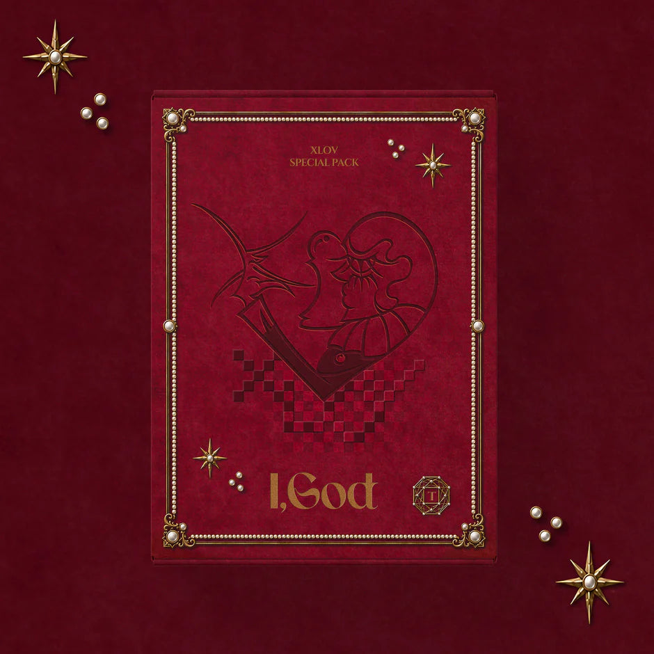 XLOV's album packaging as a red book with gold accents and 'I, God' text on a red background