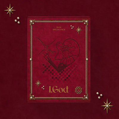 XLOV's album packaging as a red book with gold accents and 'I, God' text on a red background