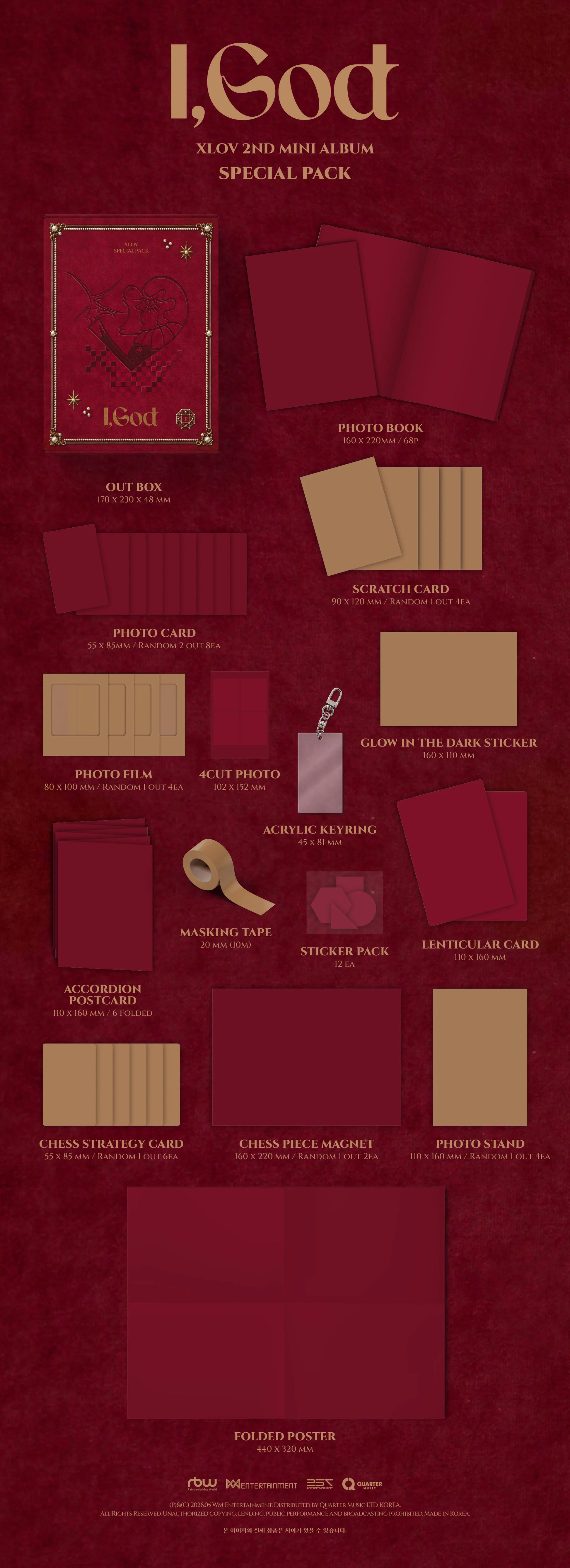 XLOV's 2nd mini special pack album inclusions with various items like the photobook, postcard, acrylic keyring, glow in the dark sticker, chess piece magnet, chess strategy card on a red background