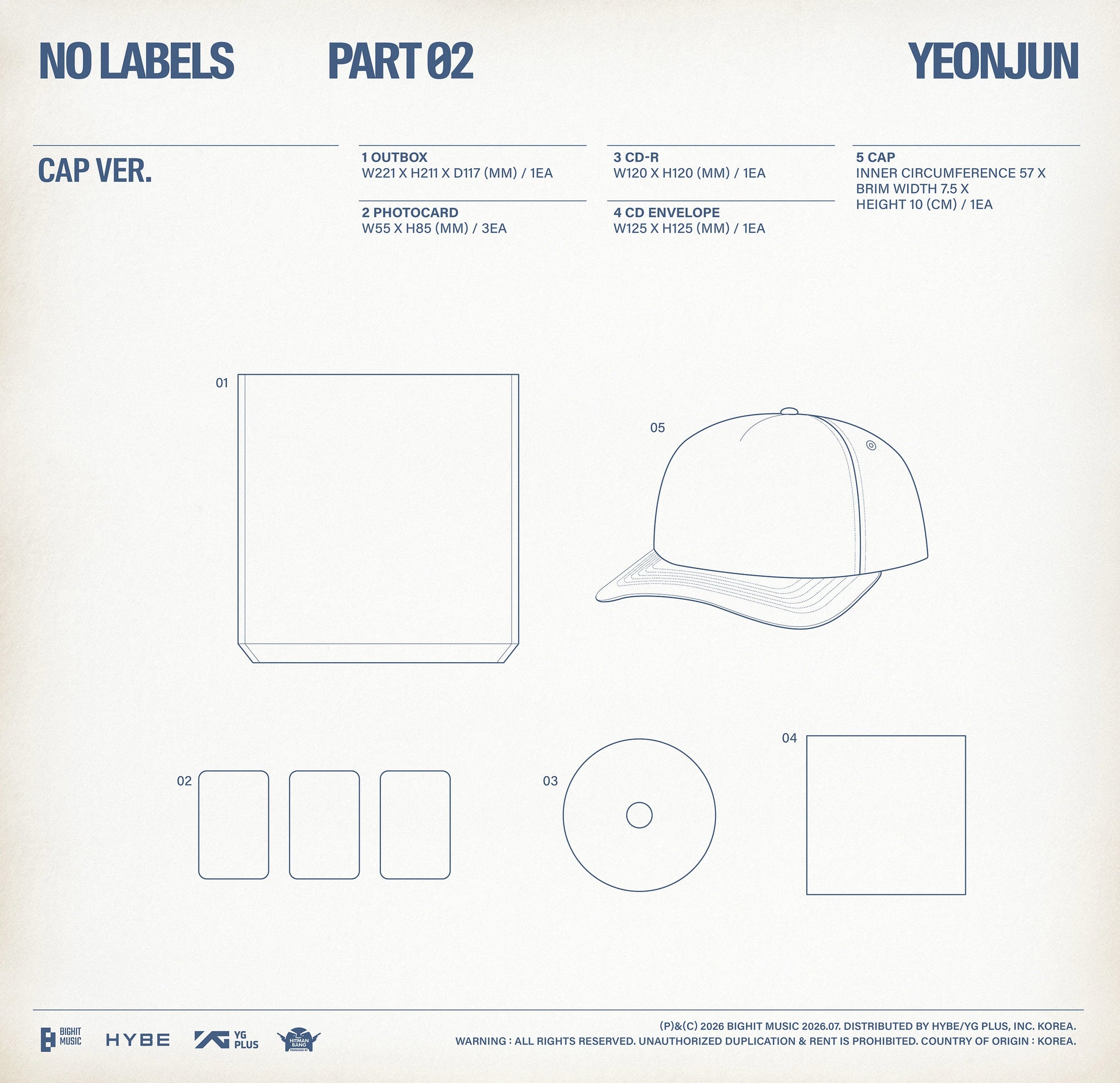 YEONJUN's cap version album inclusions showing the outbox, cap, CD-R and photocard with measurements and specifications.