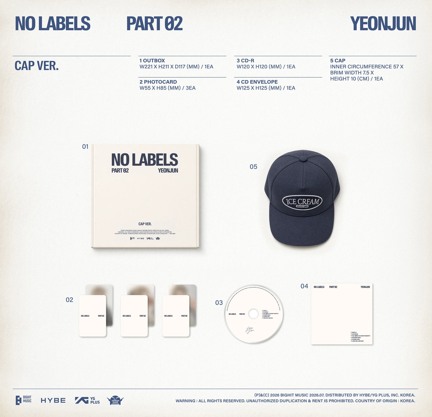 Product display of 'NO LABELS PART 02' by YEONJUN with cap, outbox, photocards and CD