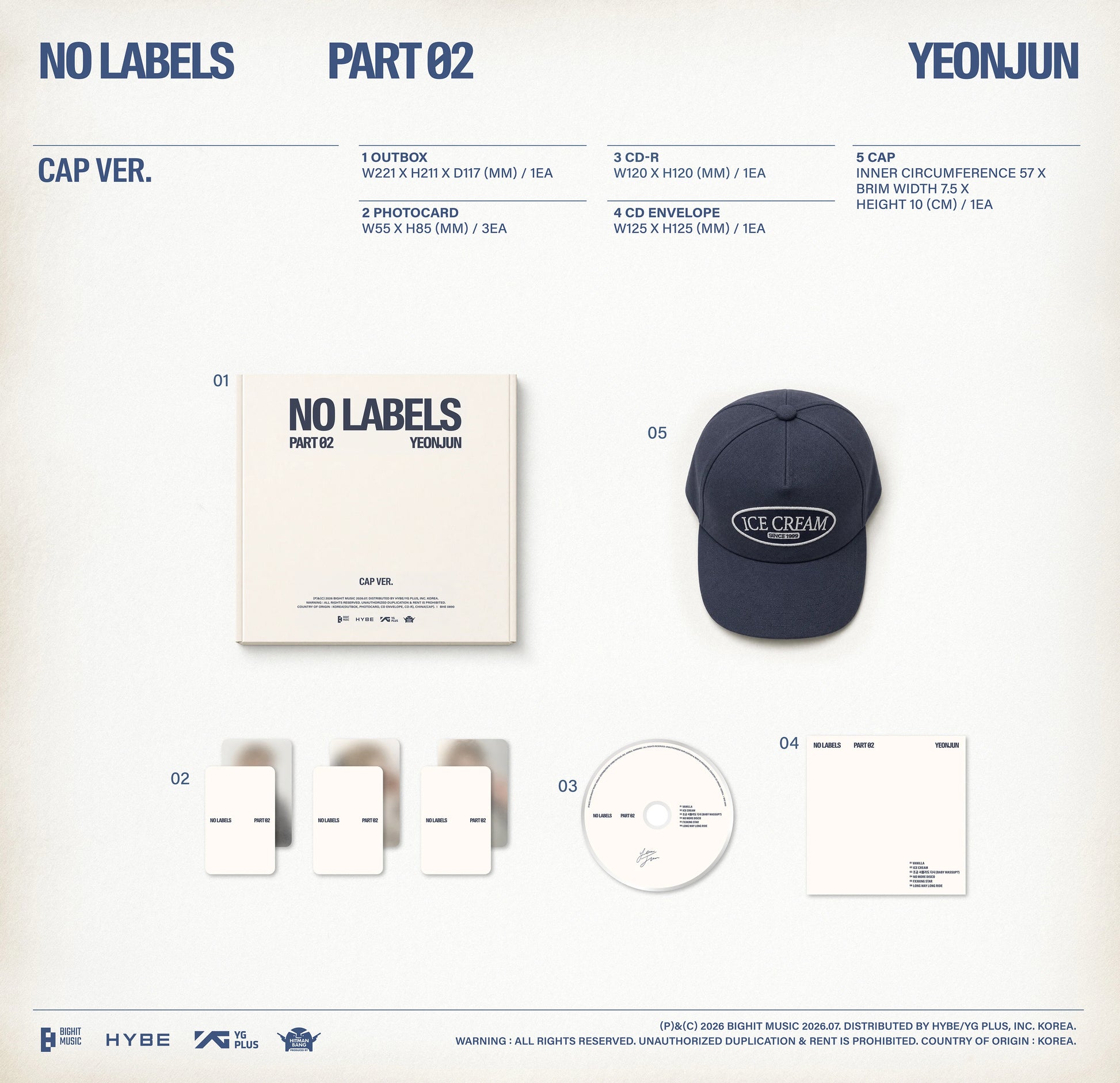 Product display of 'NO LABELS PART 02' by YEONJUN with cap, outbox, photocards and CD