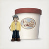 Small YEONJUN figure standing next to a large ice cream container with a logo on a white background