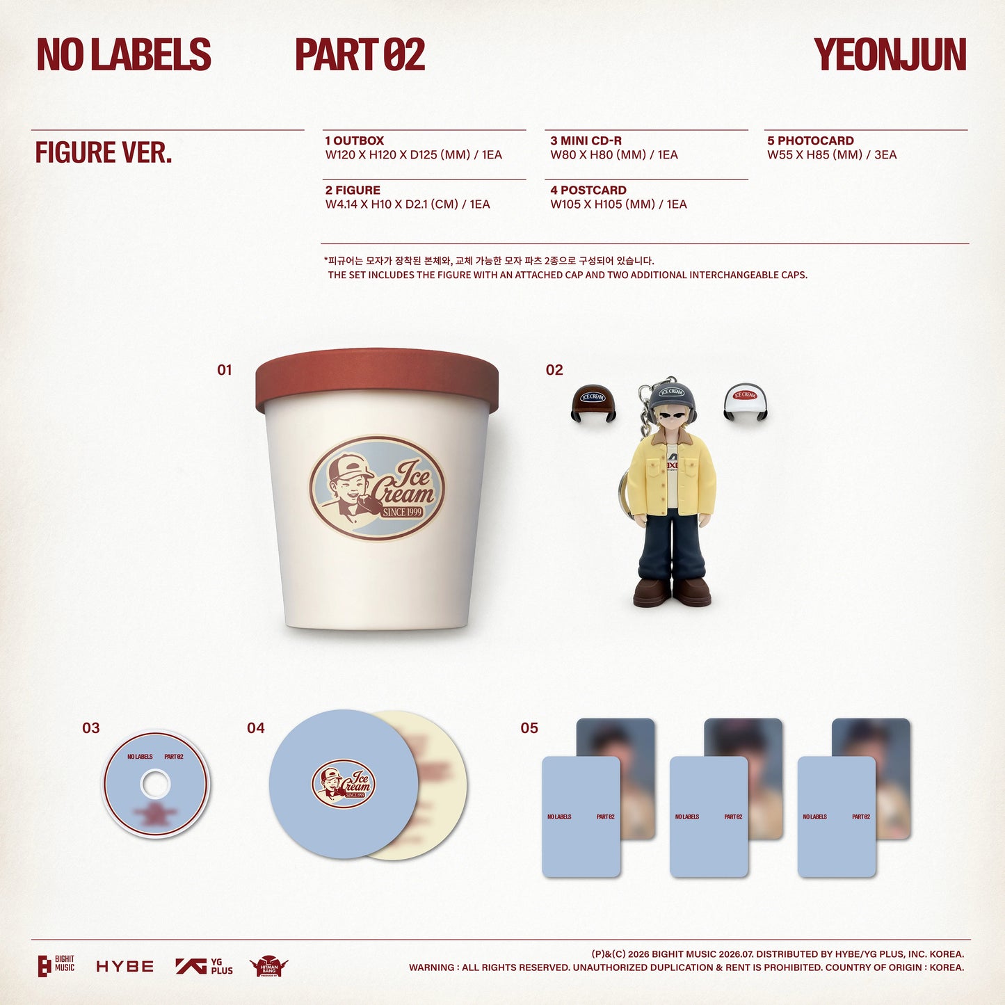 YEONJUN's album packaging with a cup, figures, and cards on a white background