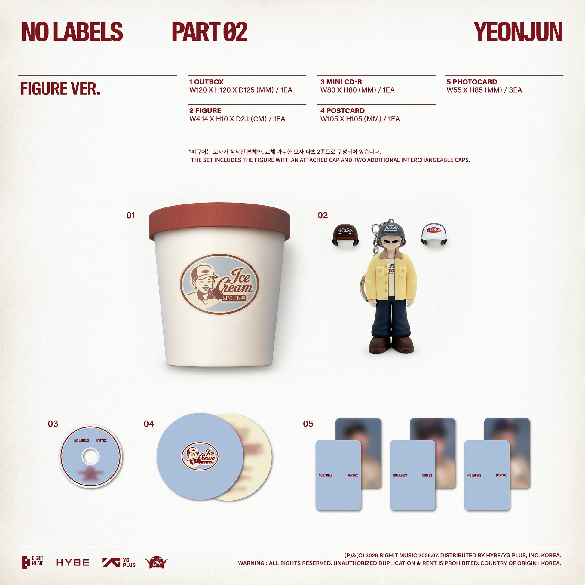 YEONJUN's album packaging with a cup, figures, and cards on a white background