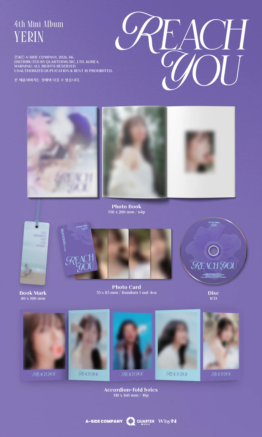 YERIN's 4th mini album inclusions titled 'Reach You' with images of people and album components on a purple background.