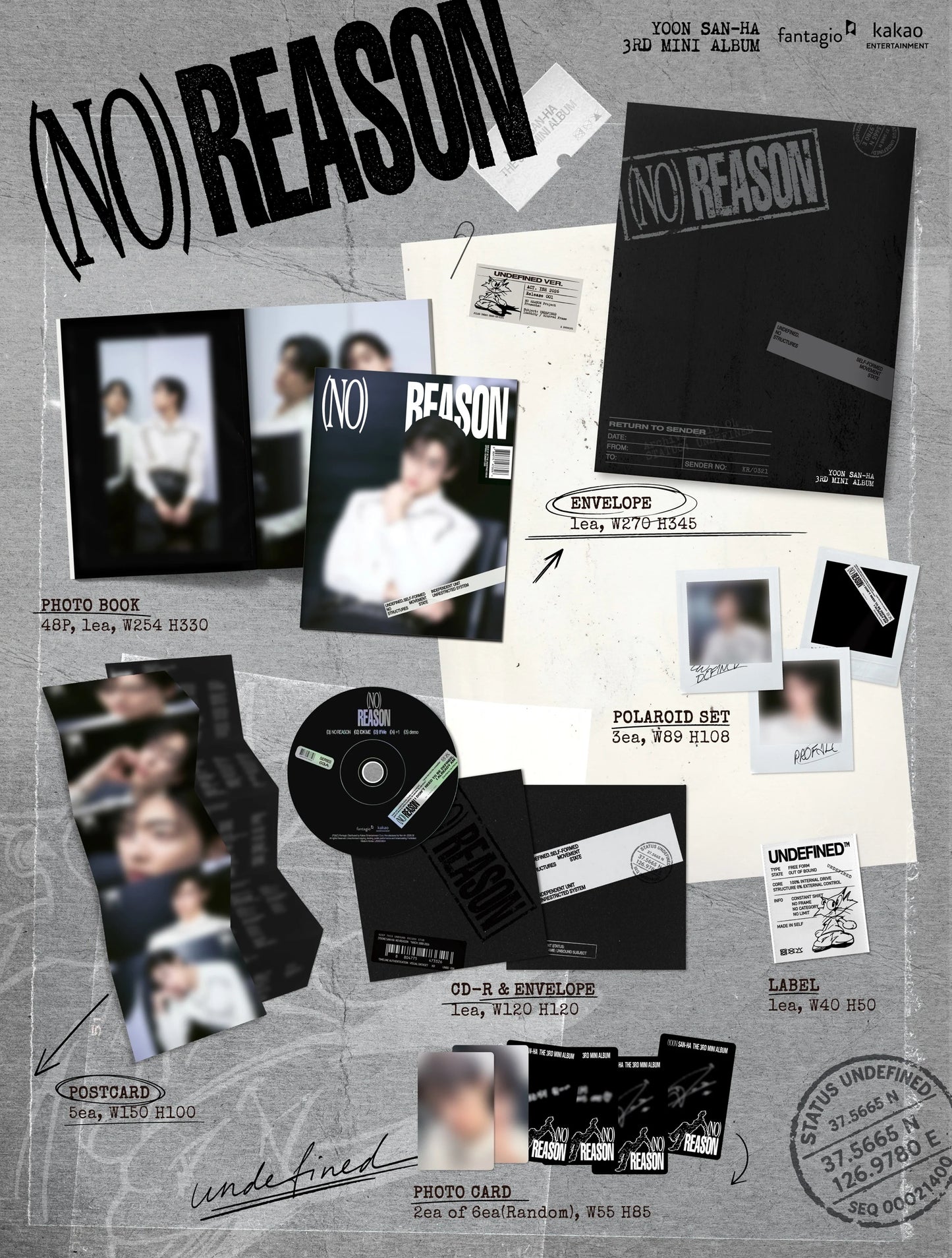 1 version of Yoon San Ha's 3rd mini album inclusions with a photobook, CD-R, postcard, label, and photocard on a grey background. 