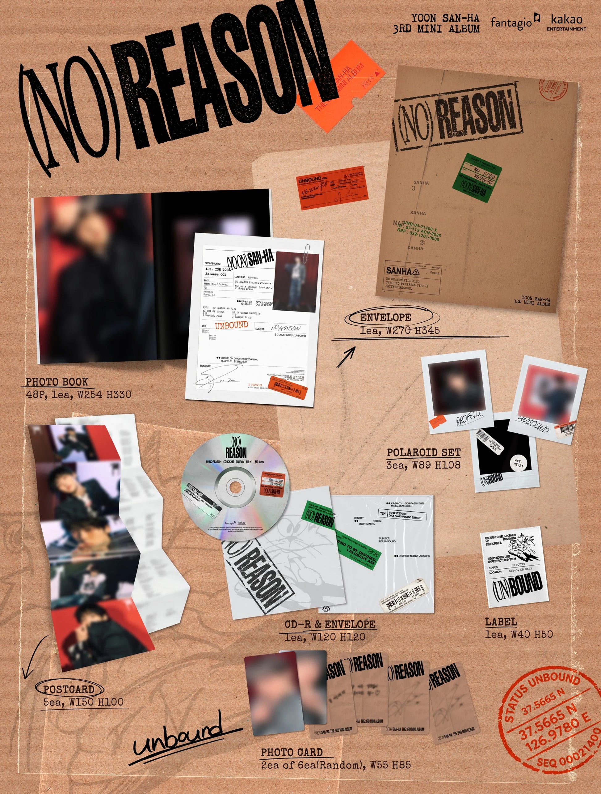 1 version of Yoon San Ha's 3rd mini album inclusions with a photobook, CD-R, postcard, label, and photocard on a brown background. 