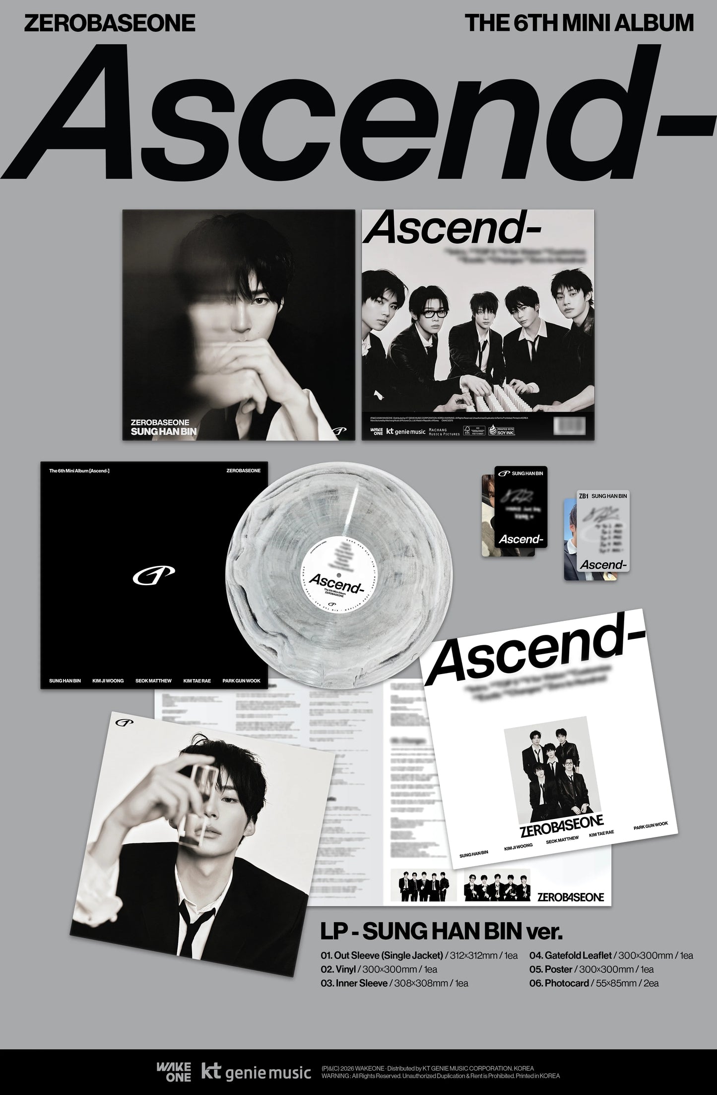 Detailed image of ZEROBASEONE's 6th mini album 'Ascend-' inclusions with album cover, disc, and promotional materials.