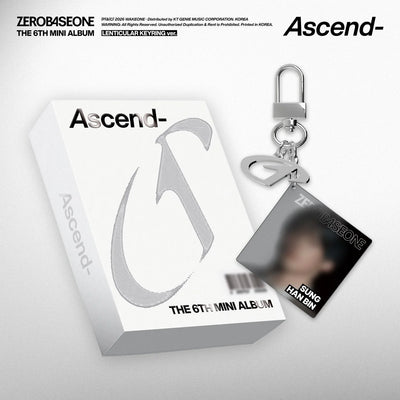 ZEROBASEONE's album packaging with keychain and card featuring 'Ascend-' branding on a white background